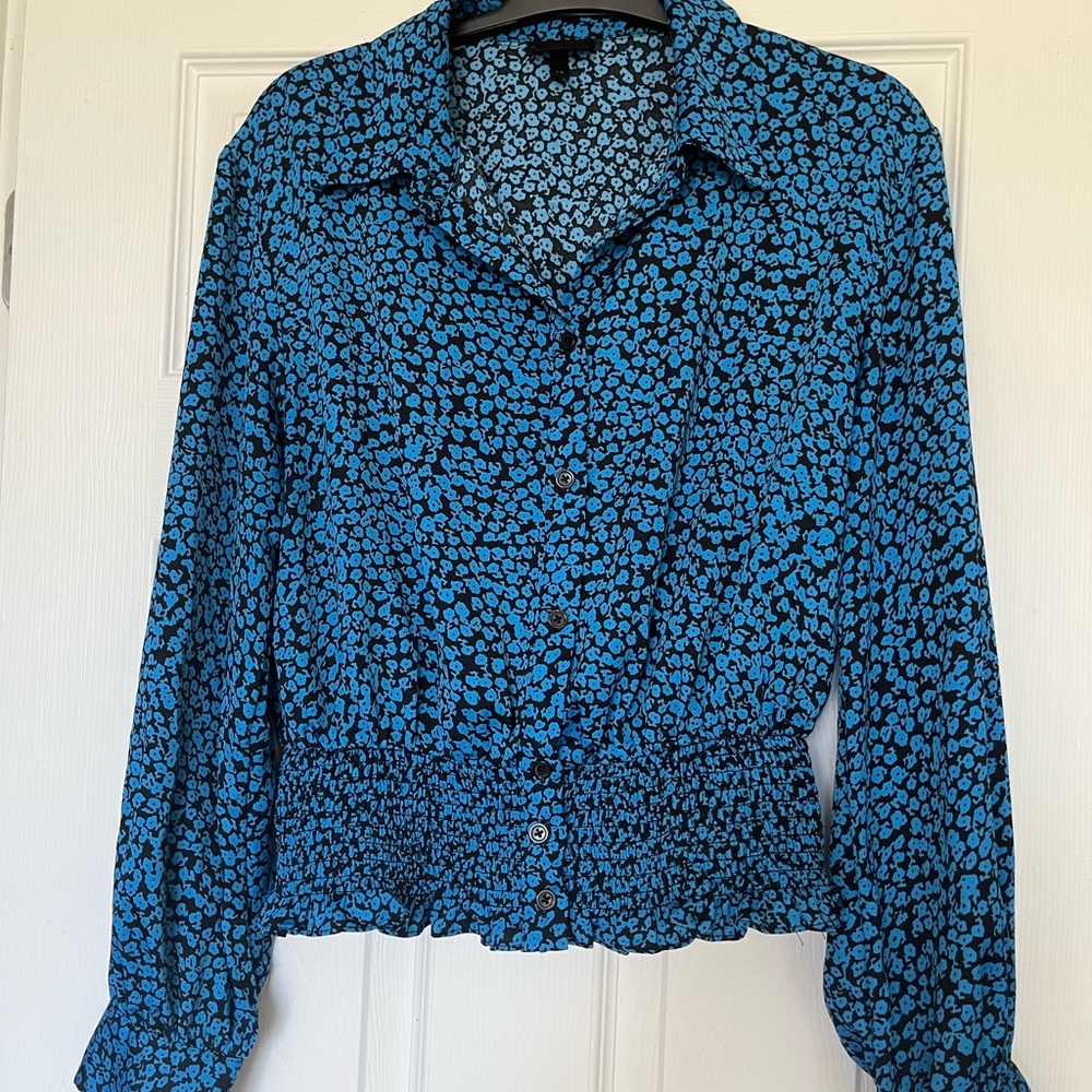 Satin Blue Flower Patterned Women's Top with smocked defined waist